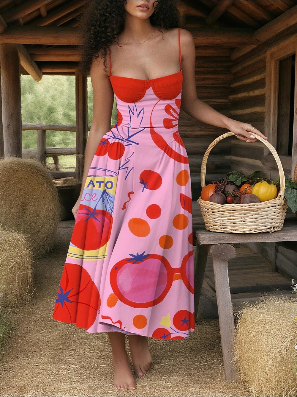 TikTok Viral Women's Pink & Red Printed Midi Dress